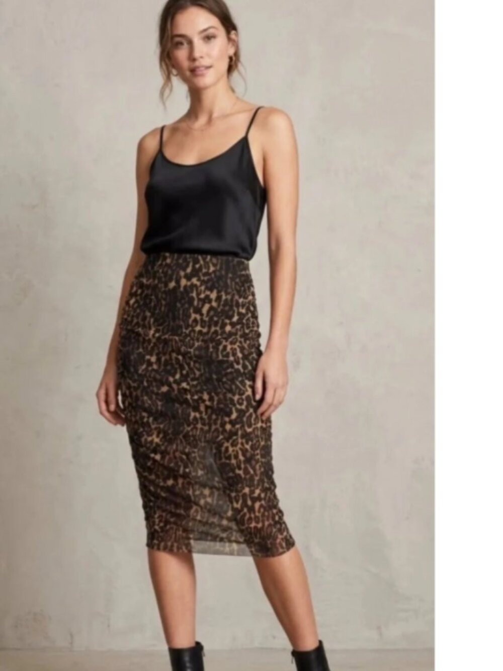 ALL SAINTS Leopard Print Mesh Midi Skirt in Brown size 2 NWT Animal print ruched